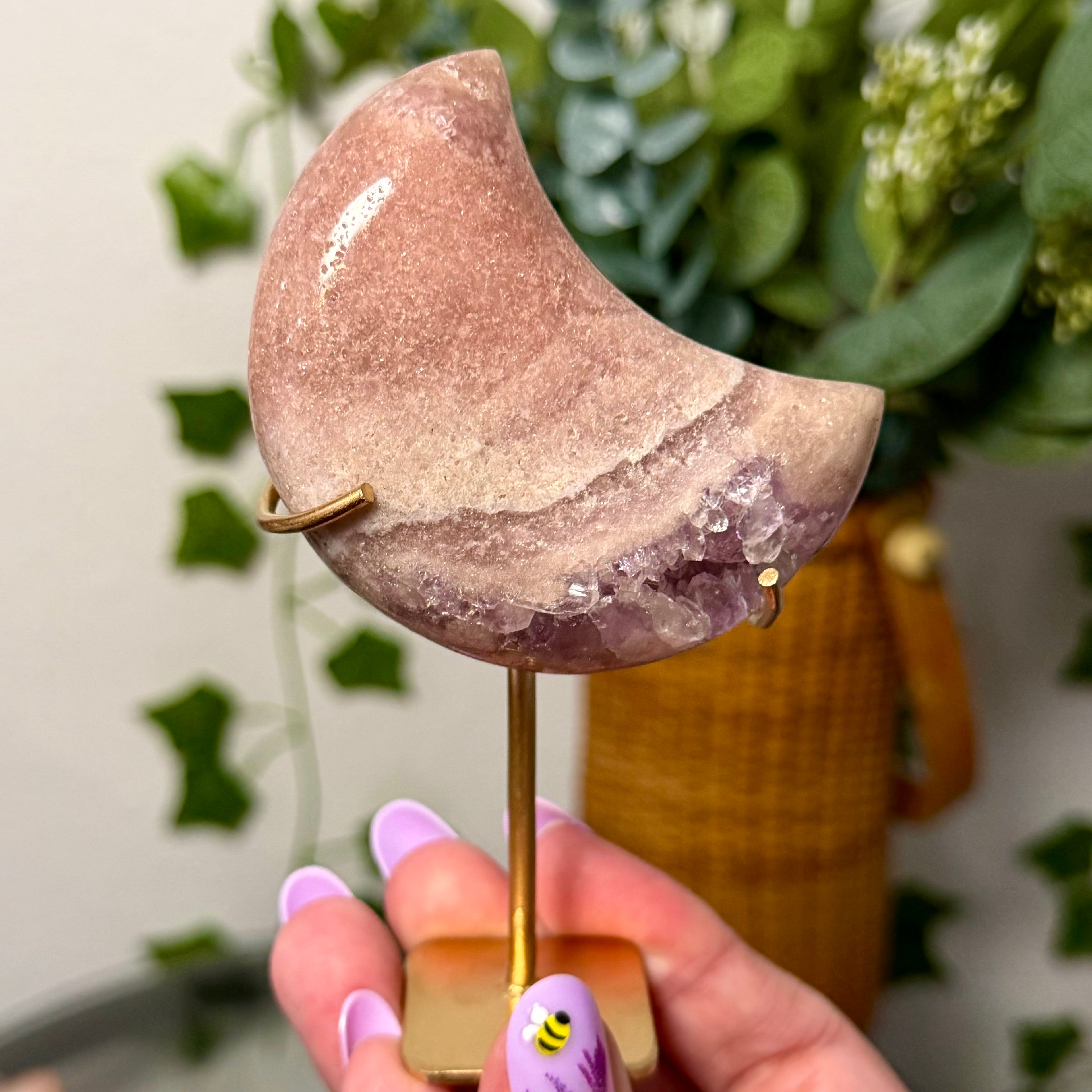 You Choose-Small Pink Amethyst Moons on Gold Stand