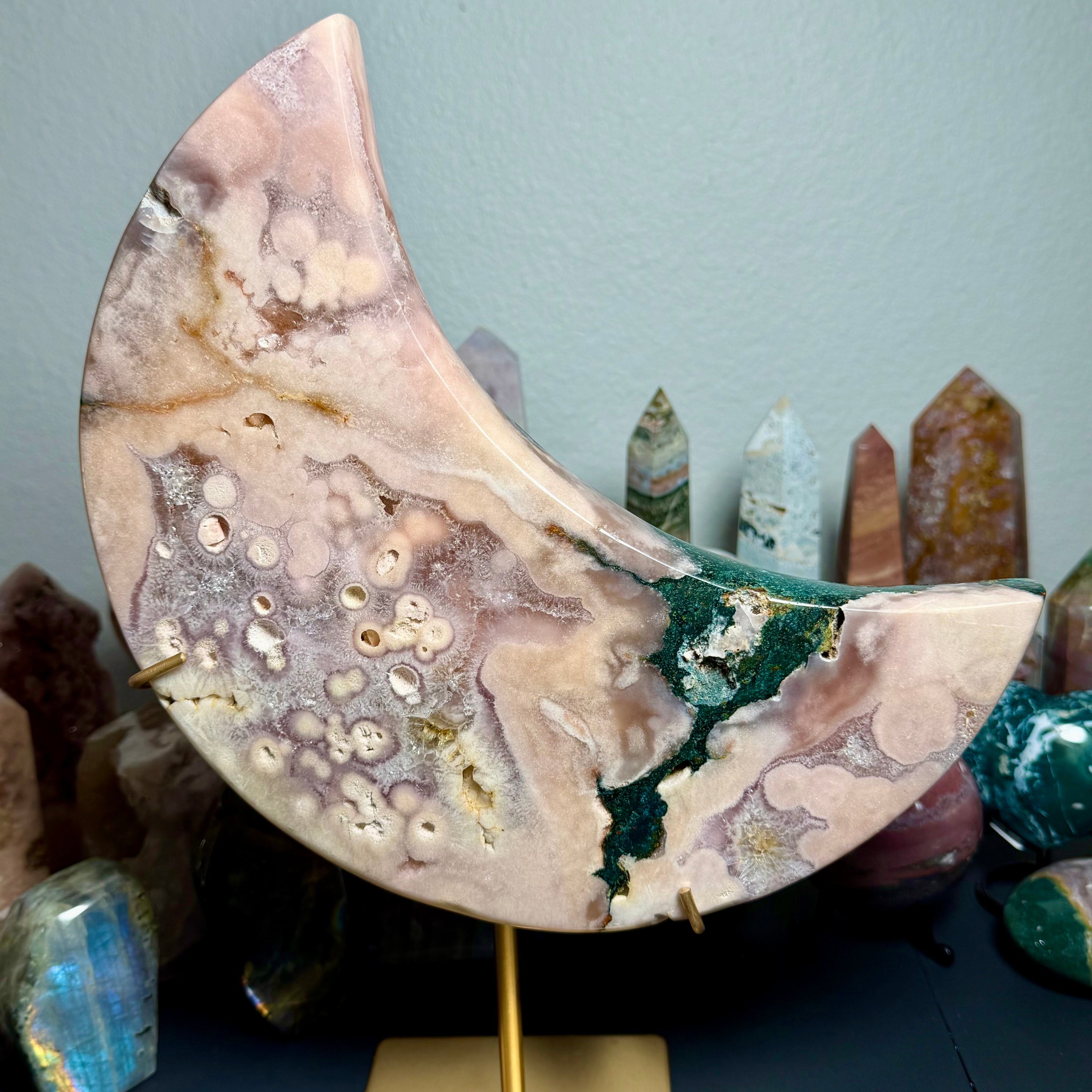 Pink Amethyst Green Jasper Moon on Gold Stand