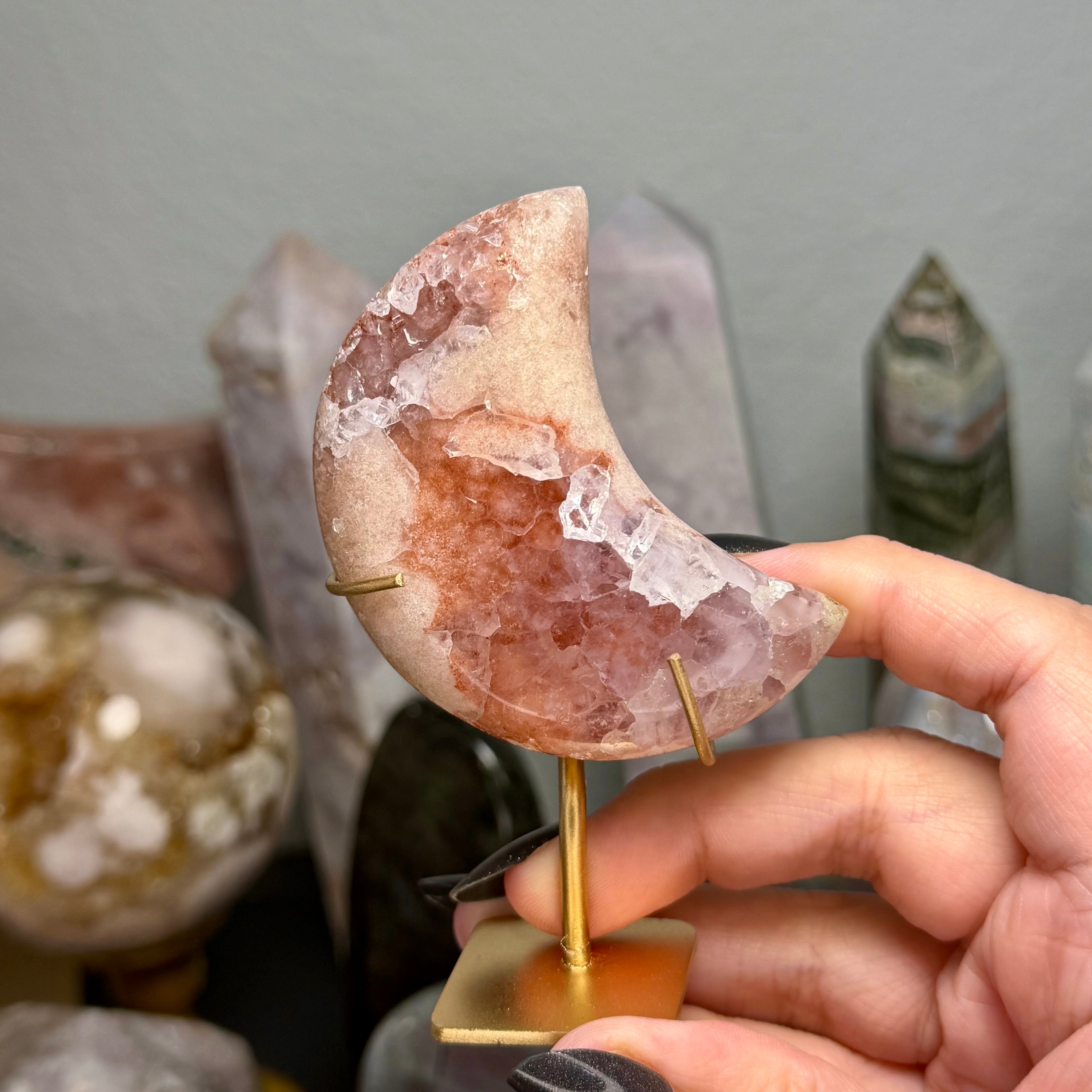 Small Pink Amethyst Moon on gold stand 30