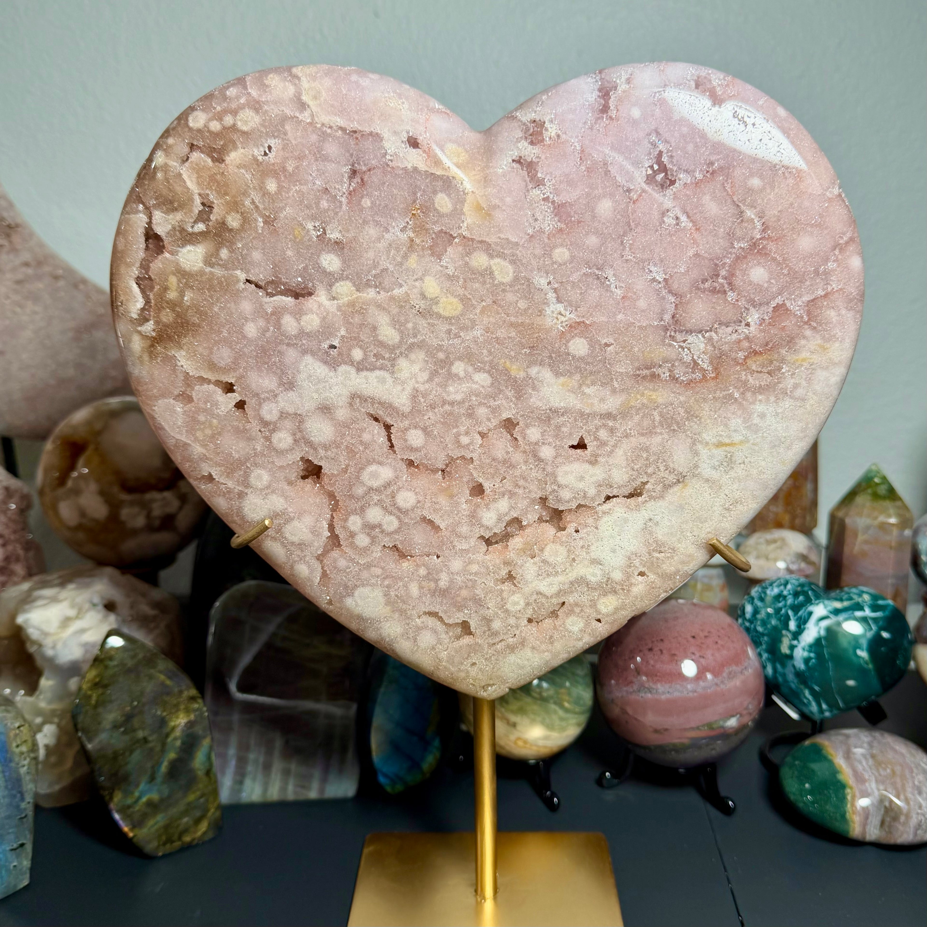Pink Amethyst Heart on Gold Stand