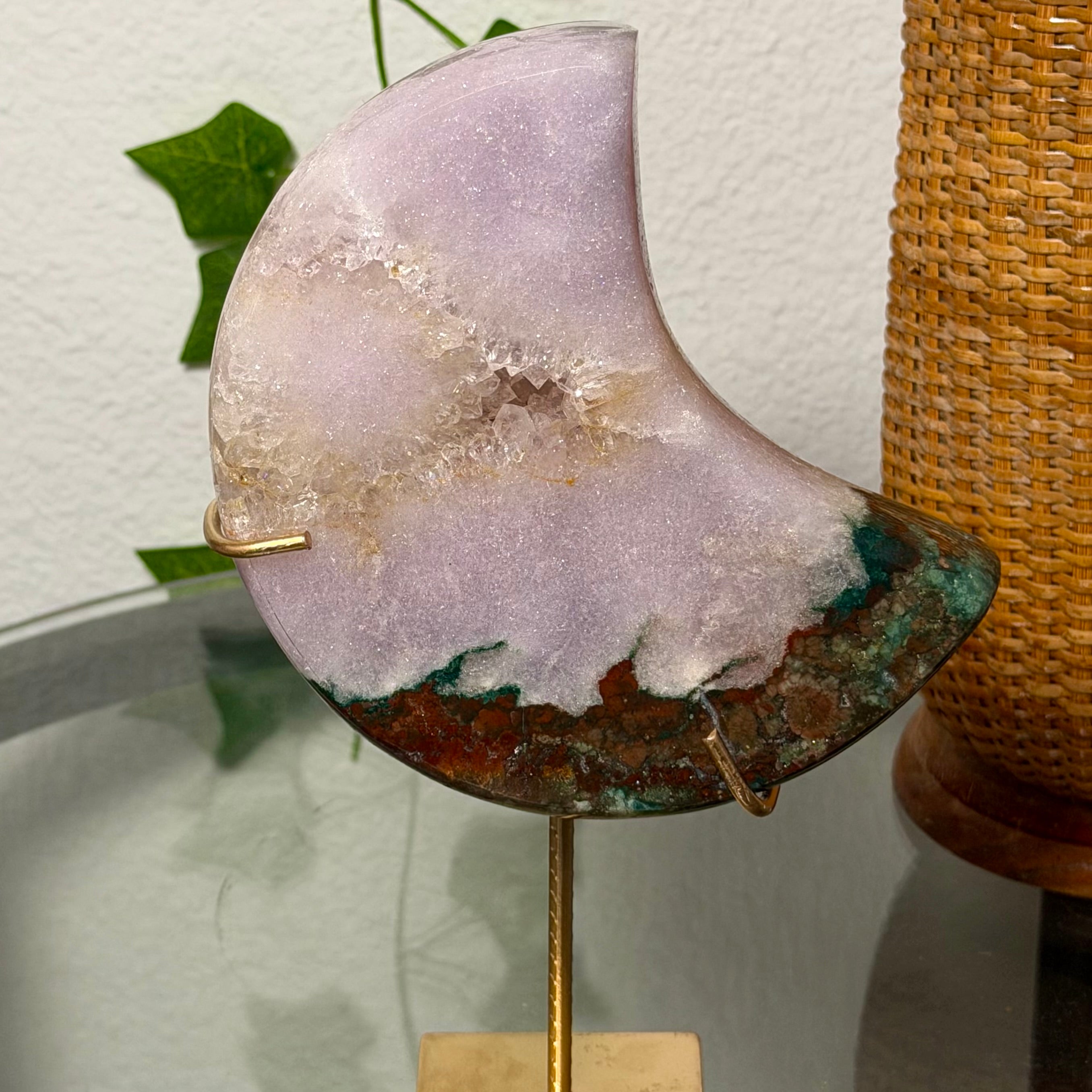 Periwinkle Pink Amethyst with Jasper Moon on Gold Stand 109