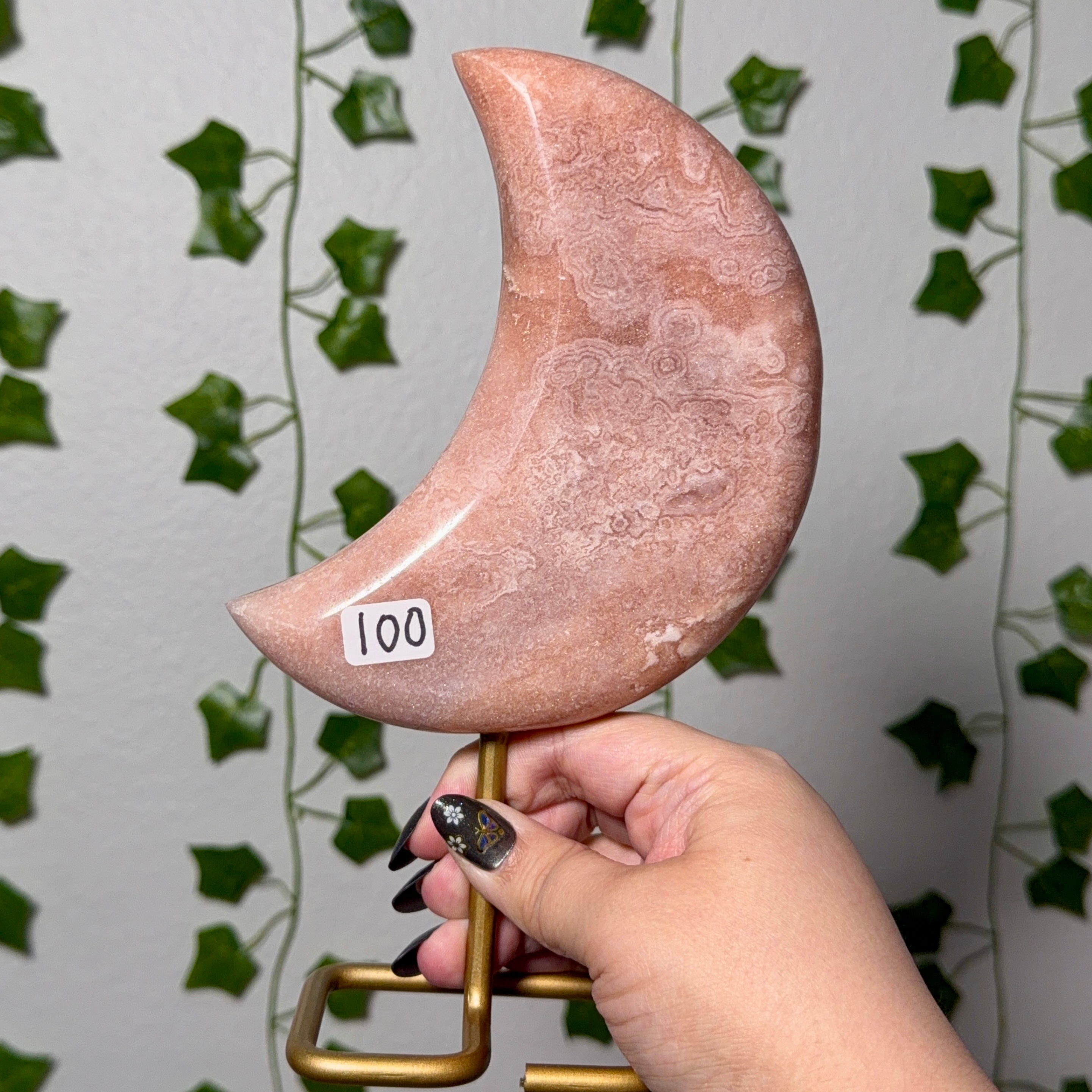 Pink Amethyst Moon on Gold Stand 100