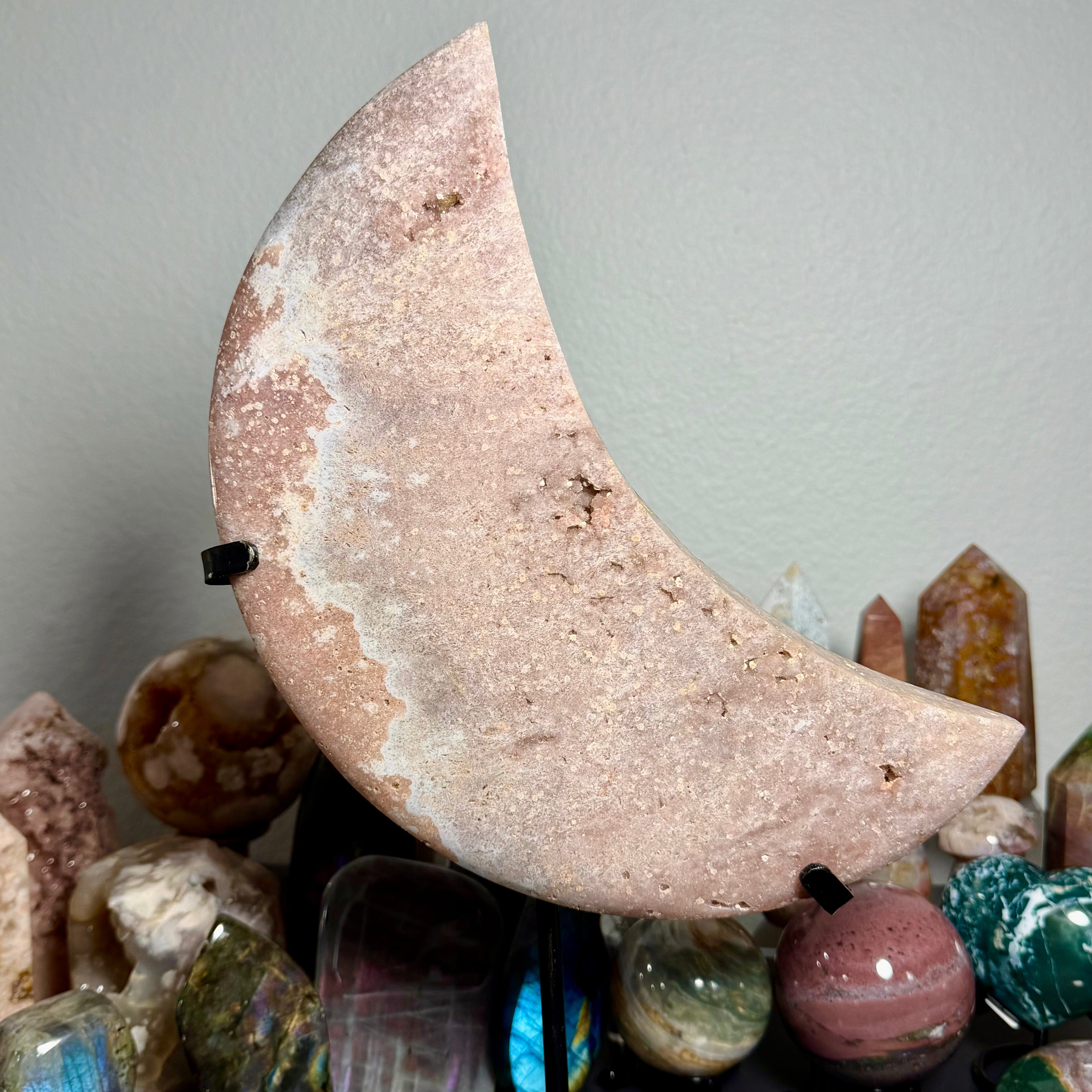 Pink Amethyst Moon on Black Stand