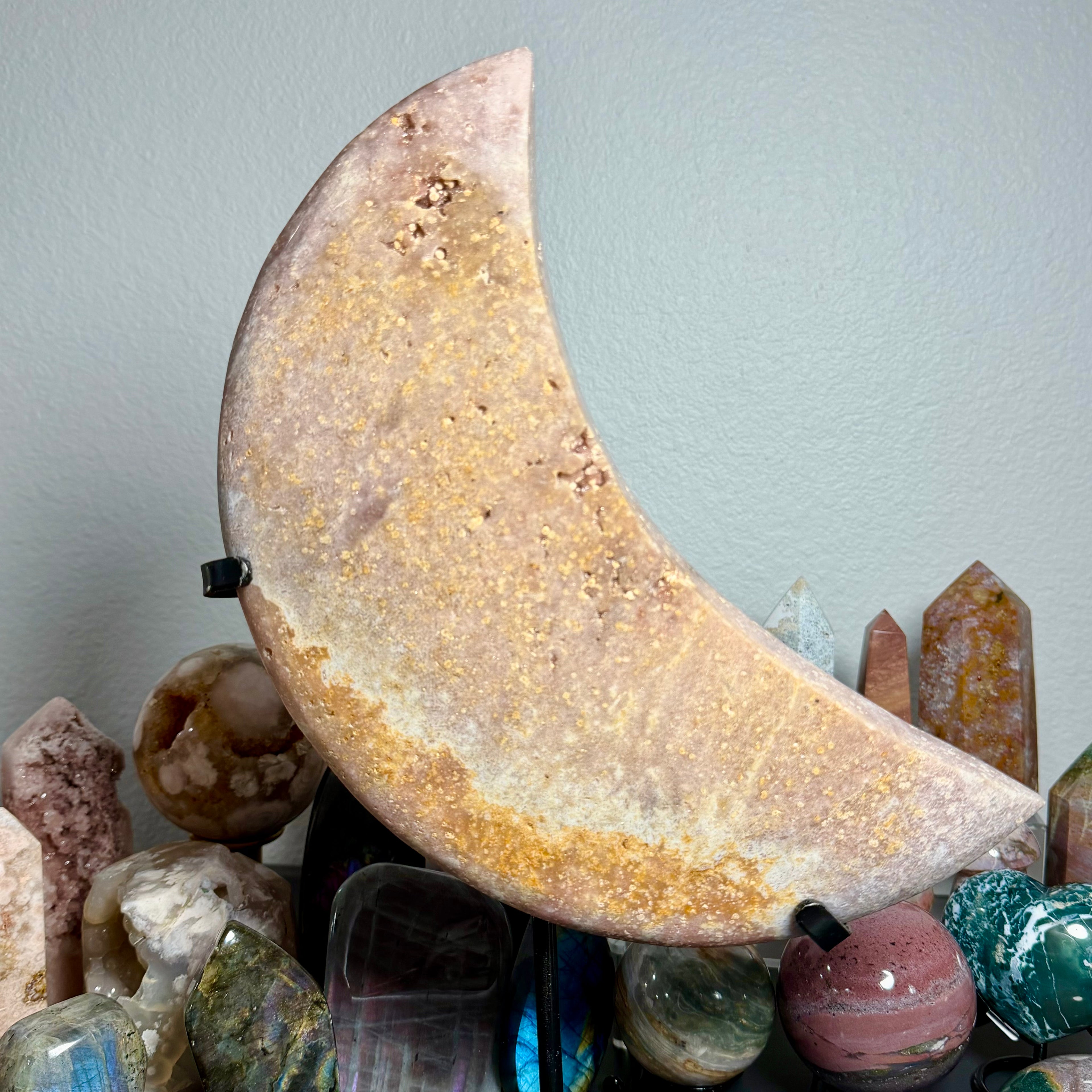 Pink Amethyst Moon on Black Stand
